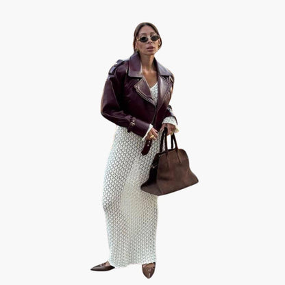 Belted Cropped Leather Biker Jacket in Brown - view 4