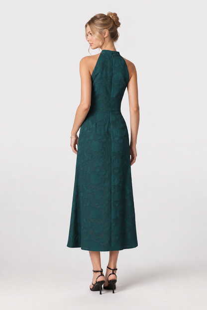 Green Jacquard Mock Neck Maxi Dress, Cutout - view 4