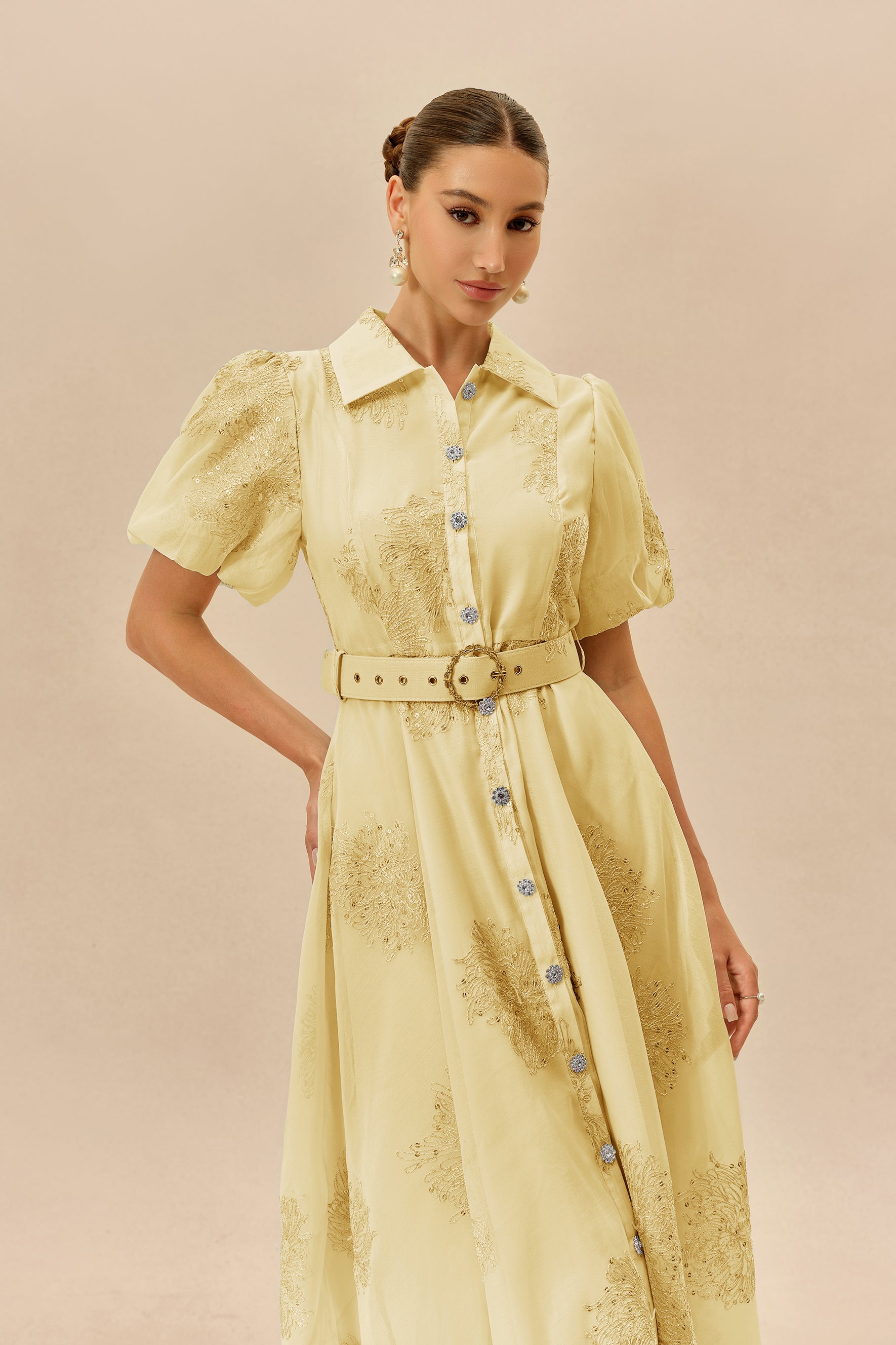 Yellow embroidered puff sleeve maxi shirt dress - view 3