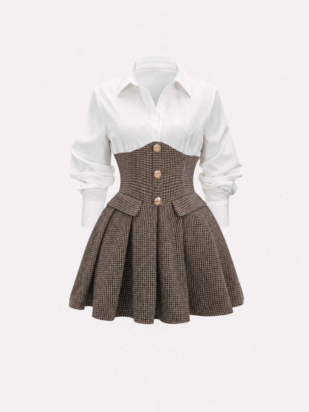 Brown Houndstooth Tweed Pleated Mini Dress - 1