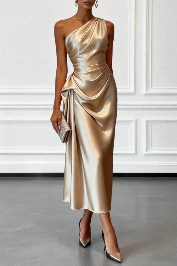 Satin one-shoulder midi dress with pleated waist - view 3