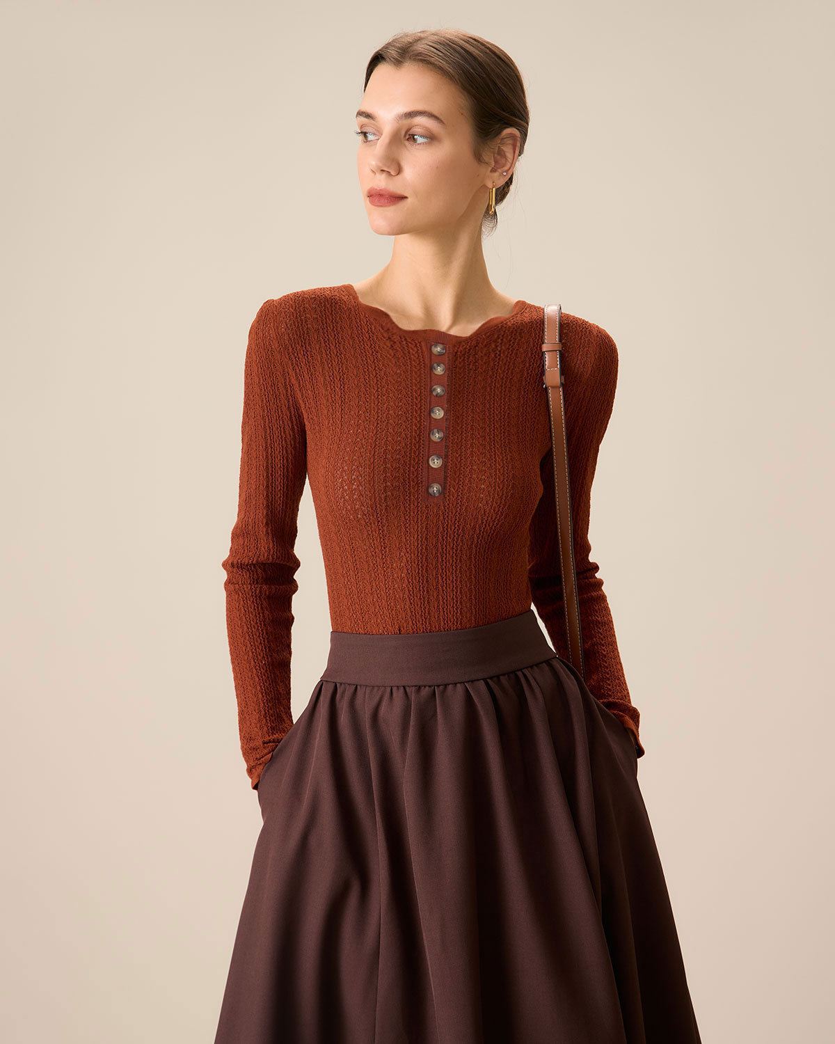 Brown slim round neck sweater with button trim - view 2