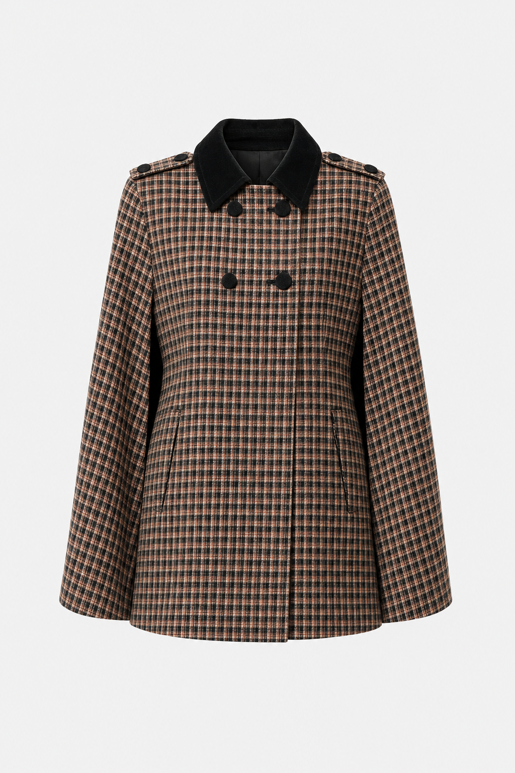 Brown plaid cape coat with double-breasted lapel