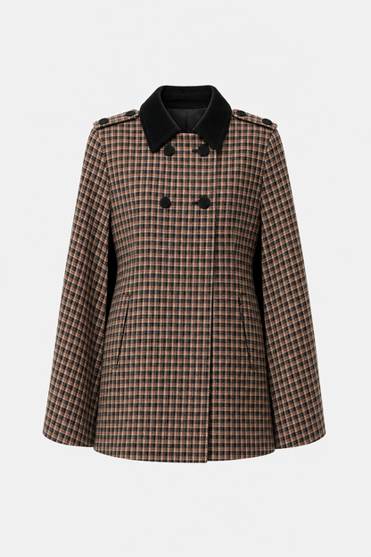 Brown plaid cape coat with double-breasted lapel