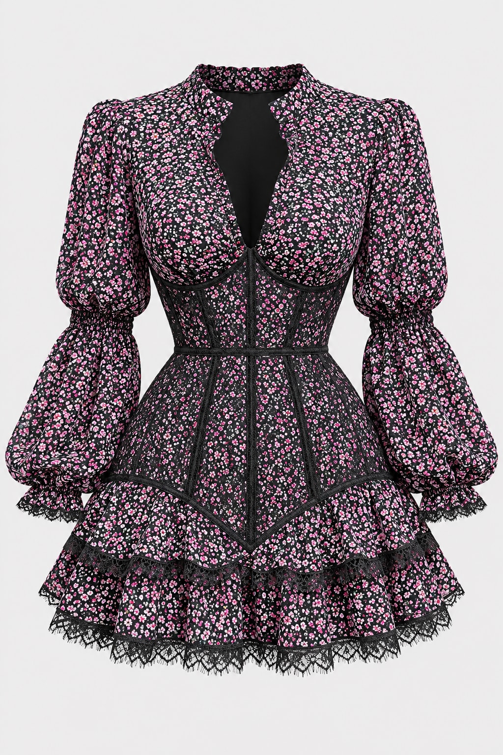 Lace Mini Dress Floral Corset Waist - 1