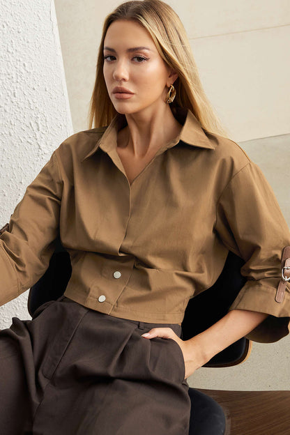 Cotton Twill Ruched Short-Sleeve Shirt - view 3
