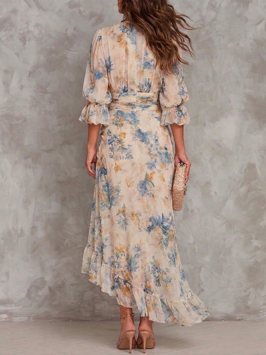 Yellow Floral Chiffon Ruched Maxi Dress - view 3