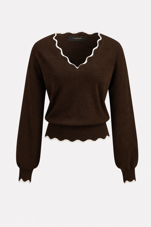 Brown wool blend knit sweater with scallop trim