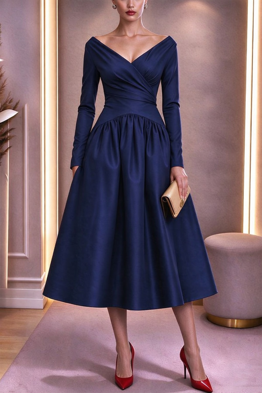 Satin Midi Dress With V-Neck And Flared Skirt - 6