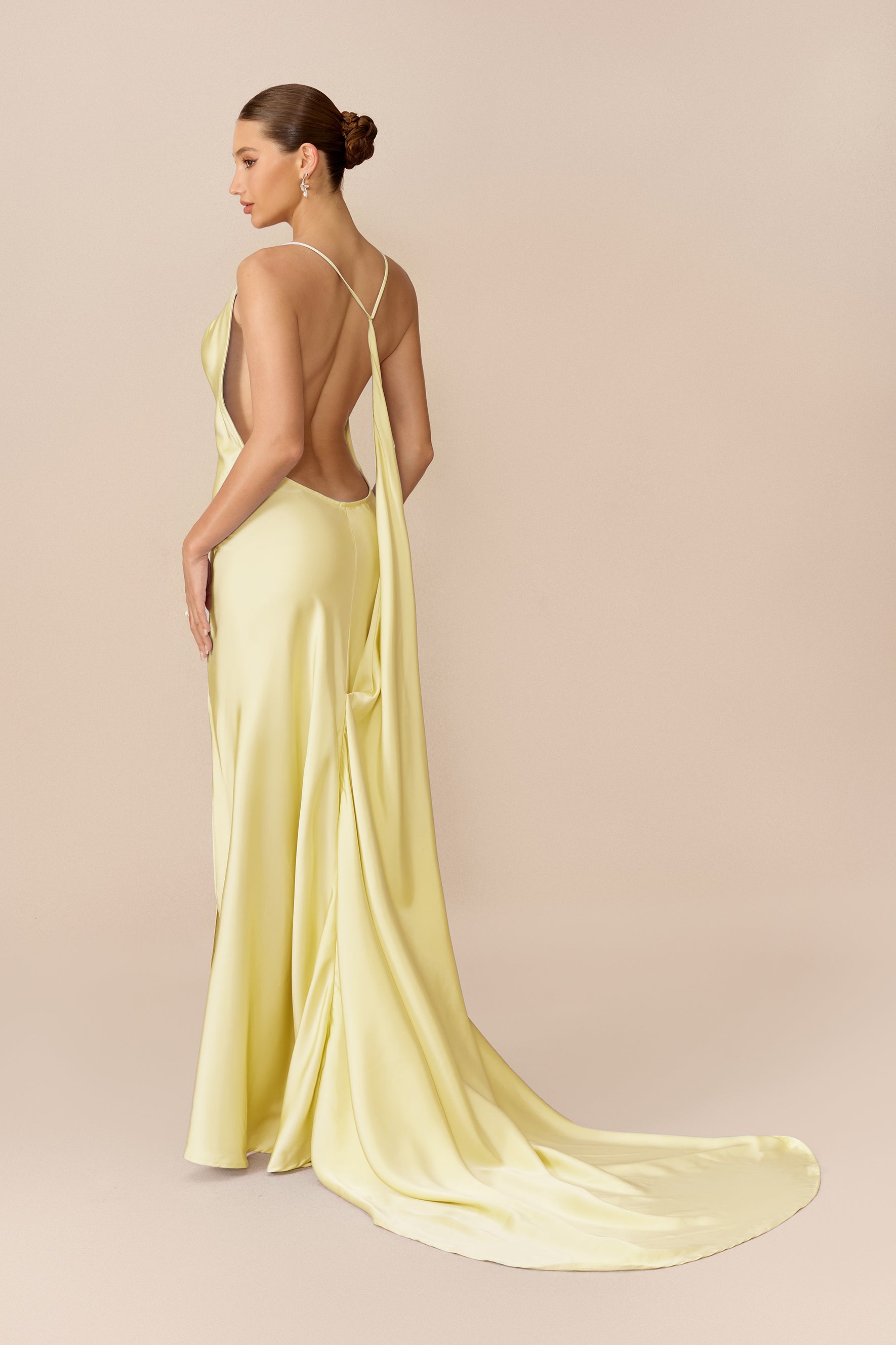Yellow satin cowl neck maxi dress with high slit - view 4