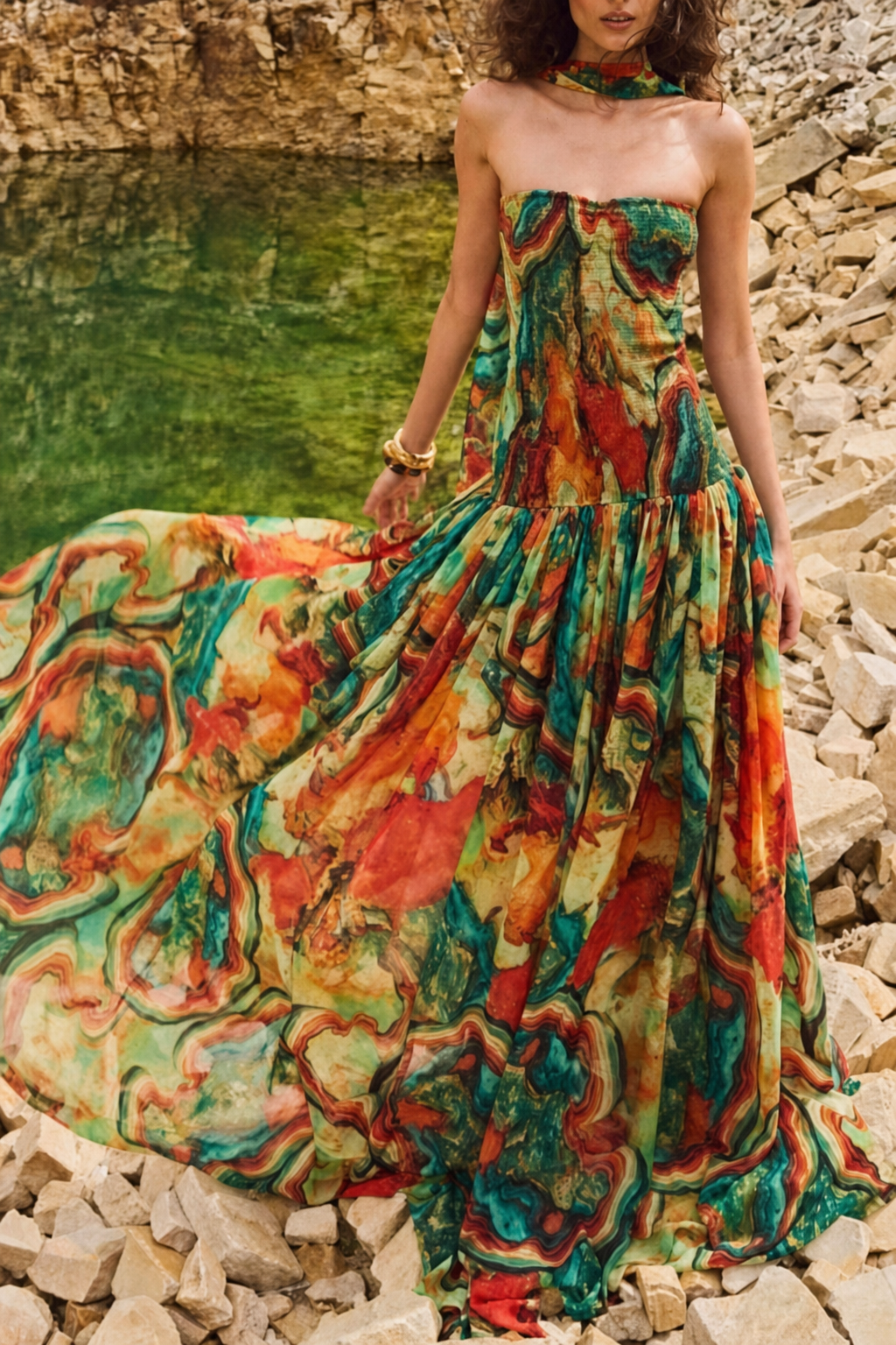 Smocked Off-Shoulder Maxi Dress in Orange - view 3