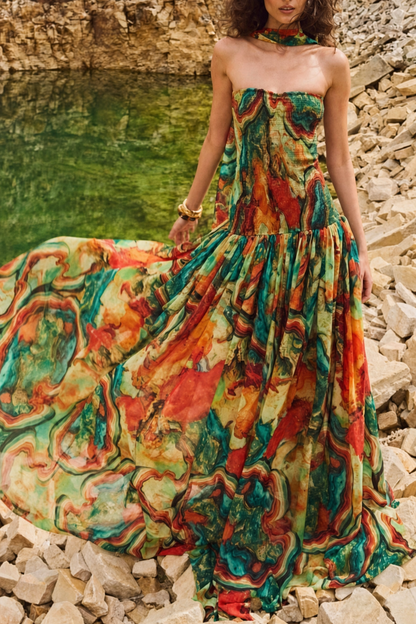 Smocked Off-Shoulder Maxi Dress in Orange - view 3