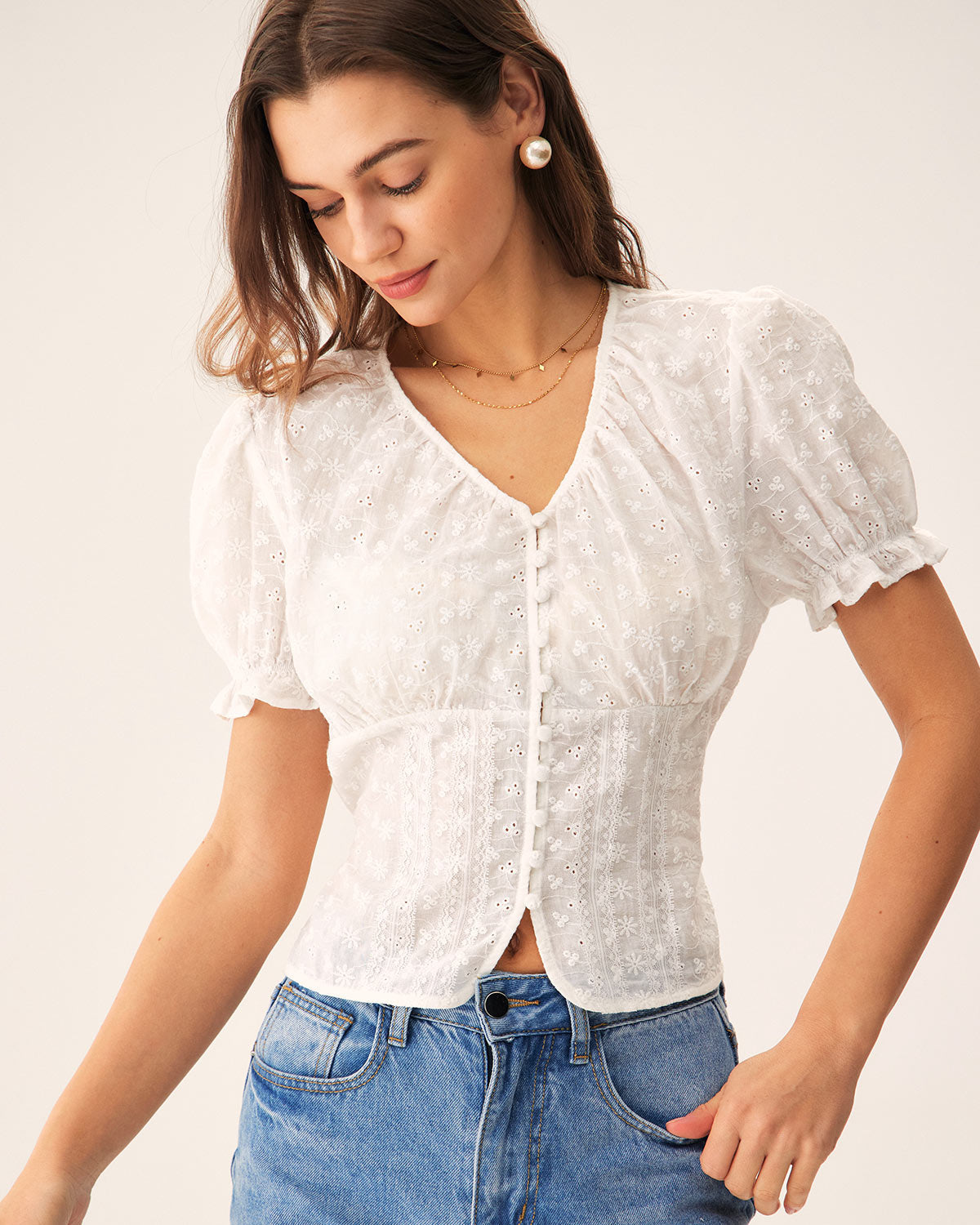 White Floral Eyelet Cotton Blouse, Tie Back - view 2