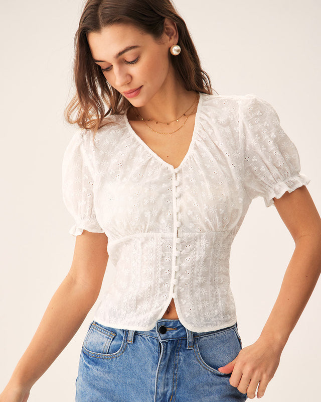 Floral Eyelet Cotton Blouse With Tie-Back Waist - 2