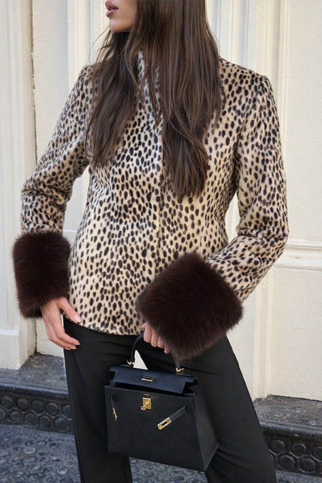 Brown Non-Woven Leopard Print Patchwork Jacket - 3