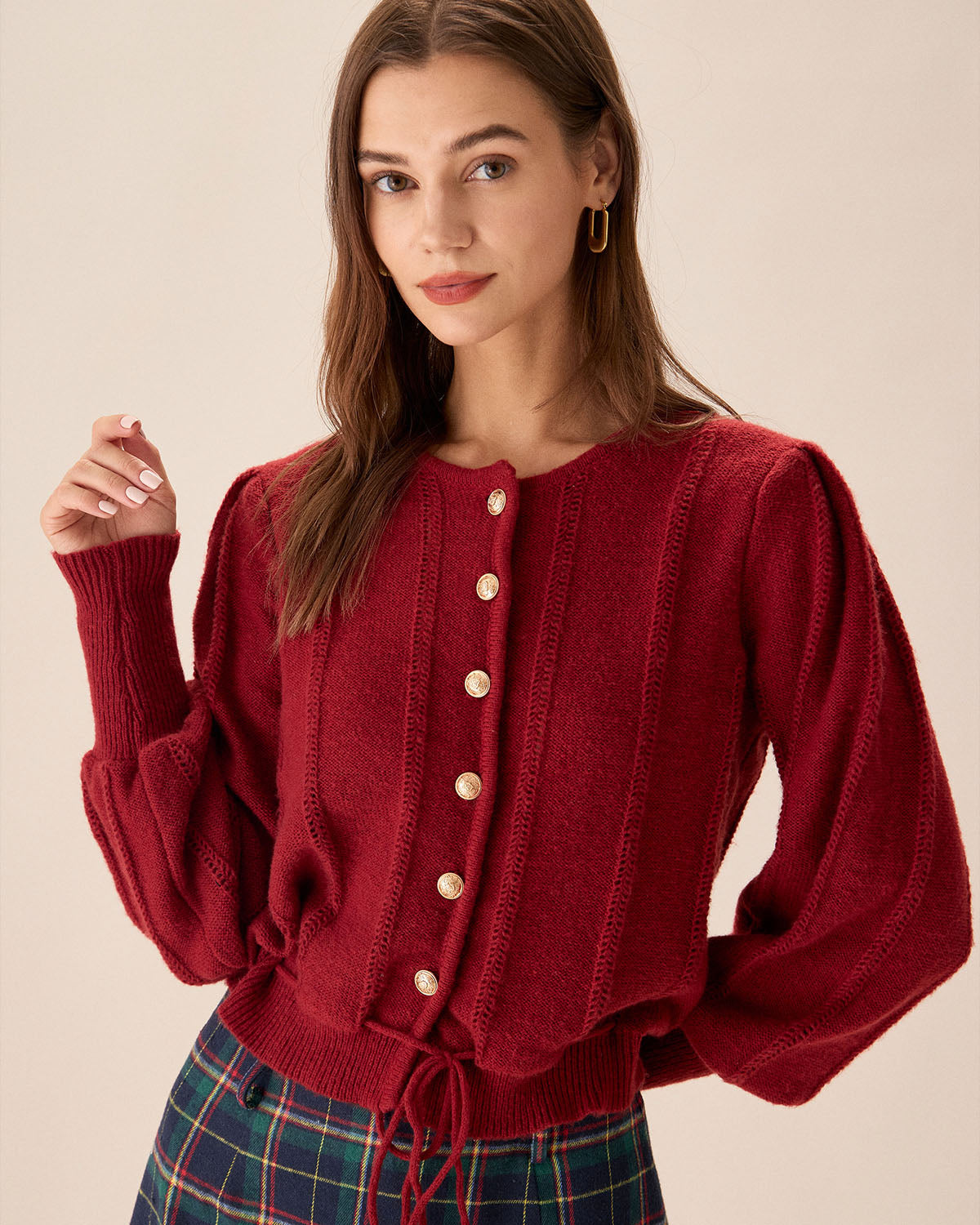 Lantern Sleeve Cardigan Soft Button-Front Knit Sweater - 4