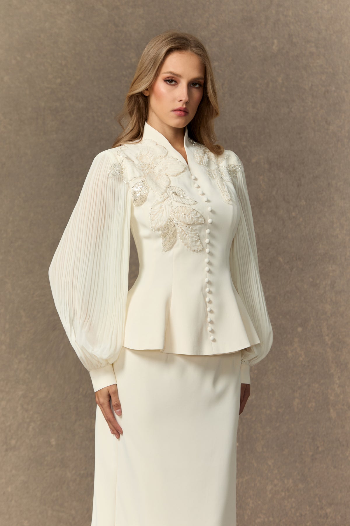 White floral embroidery peplum and skirt set - view 5