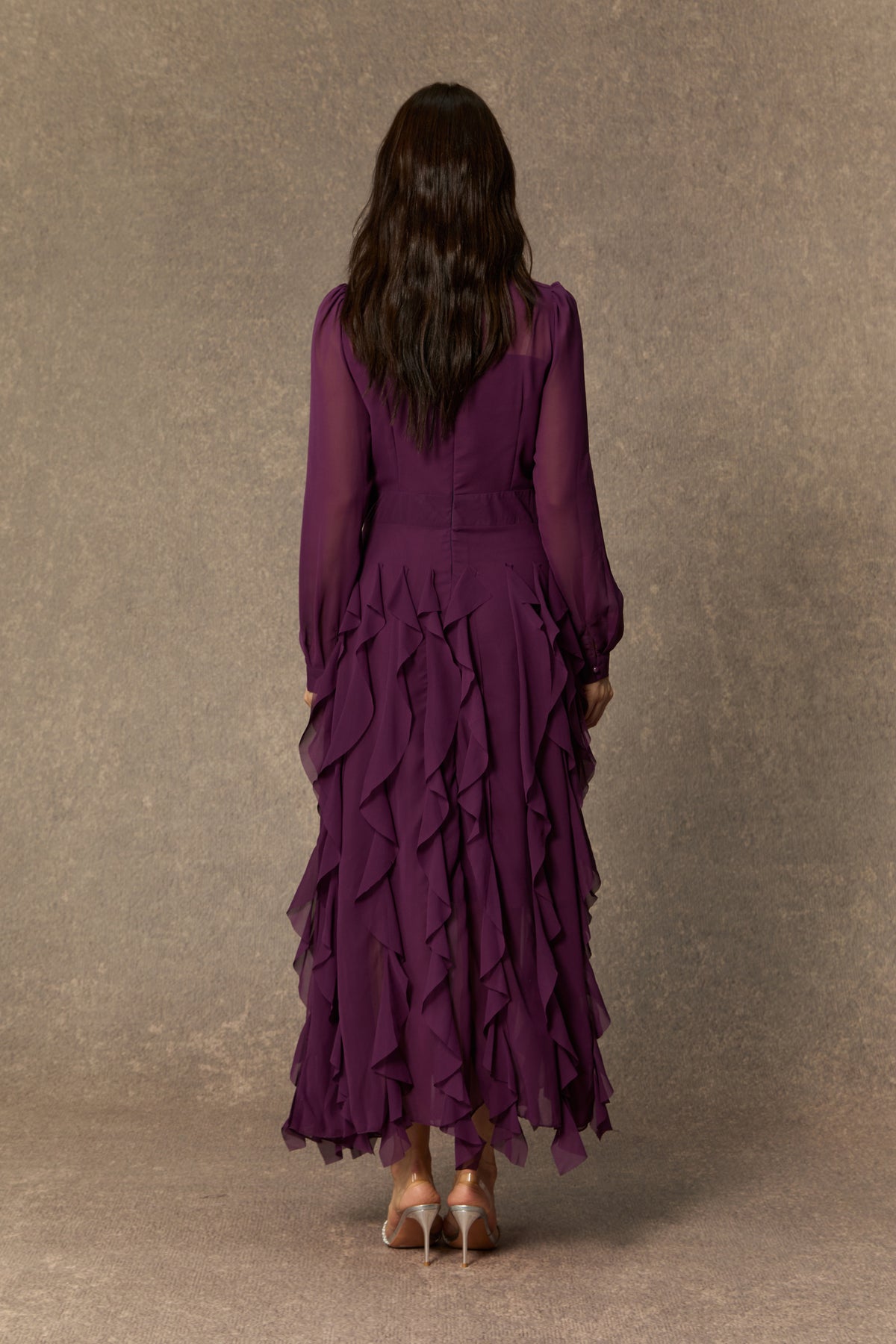 Purple tiered ruffle maxi dress with bow neck - view 4