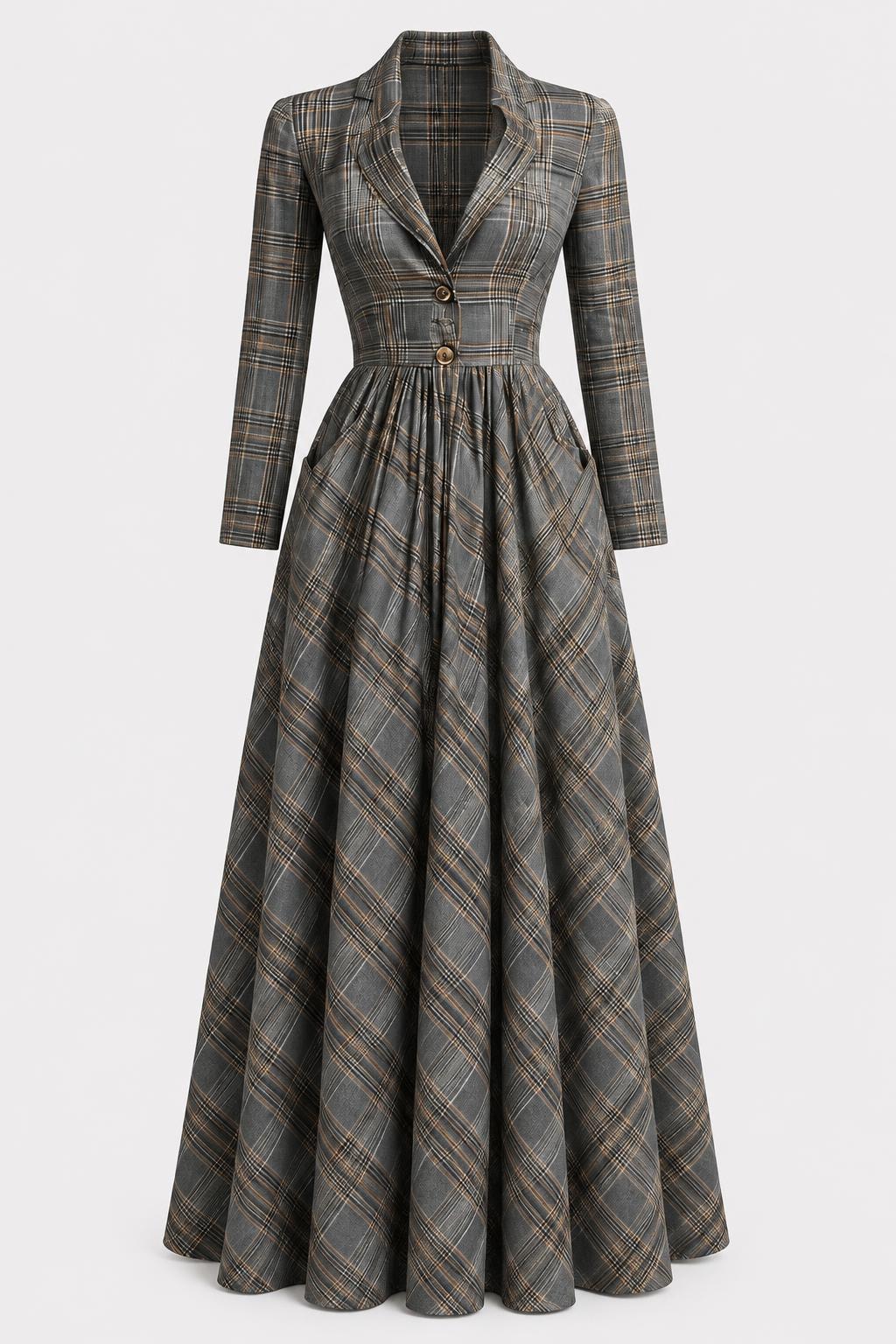 Effortless Linen-Blend Maxi Dress With Flared Tartan Skirt - 1