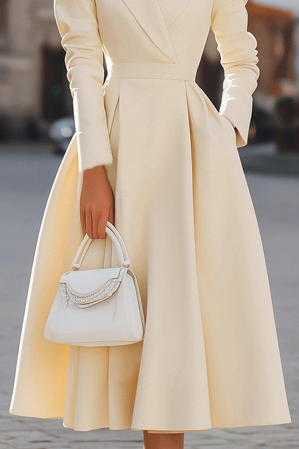 Elegant Polyester Lapel Midi Dress With Waist Pocket - 6