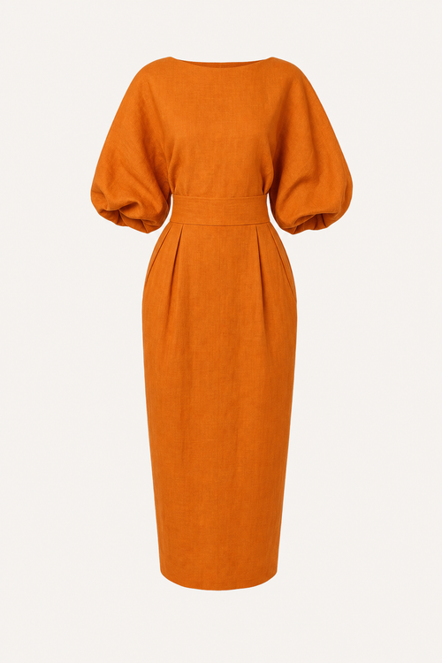 Puff Sleeve High-Waisted Midi Dress