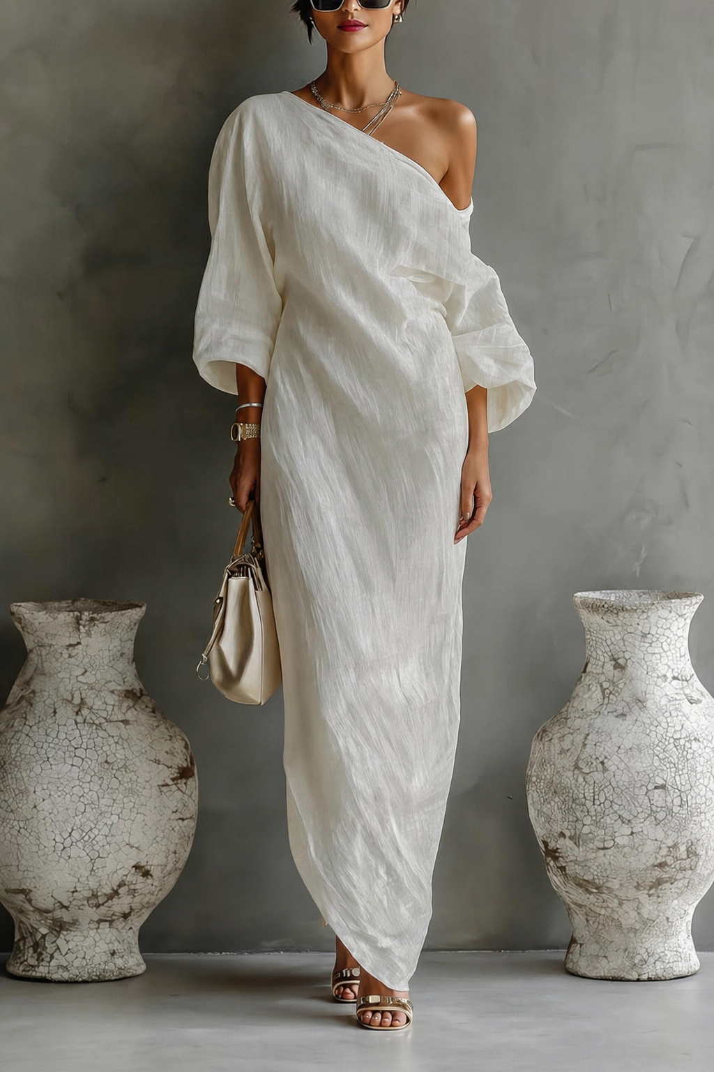 One-Shoulder Linen Blend Maxi Dress - view 5