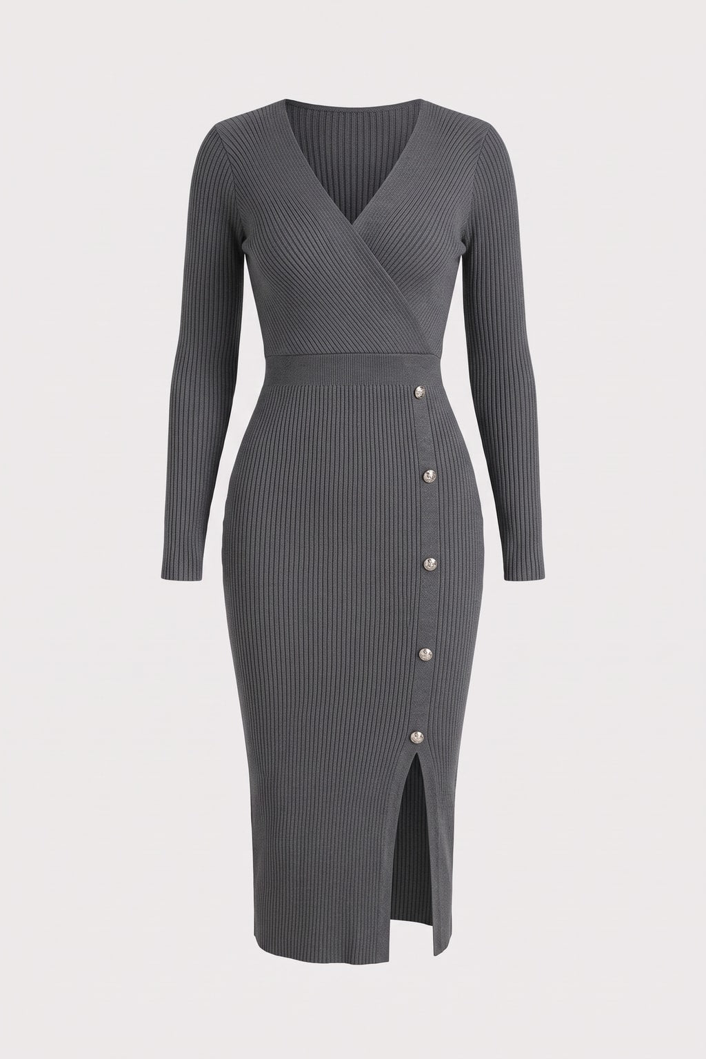 Ribbed Wrap Midi Dress with Button Detail - 1