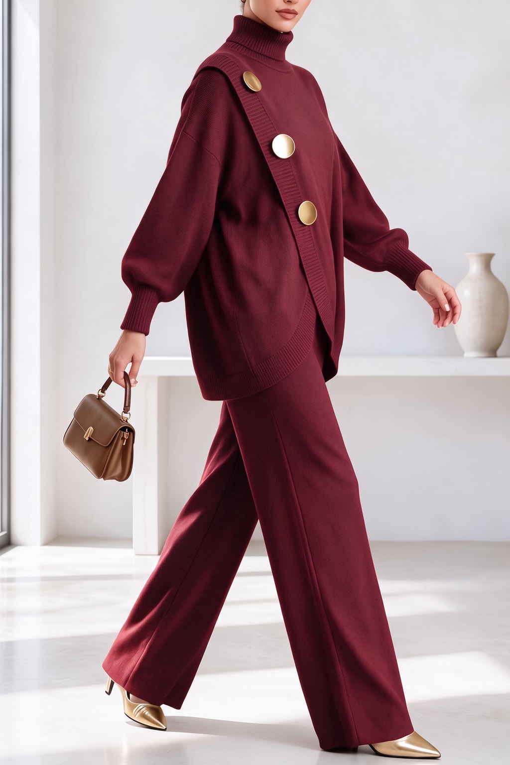Knit Two-Piece Set With High Neck And Wide Leg Pants - 3
