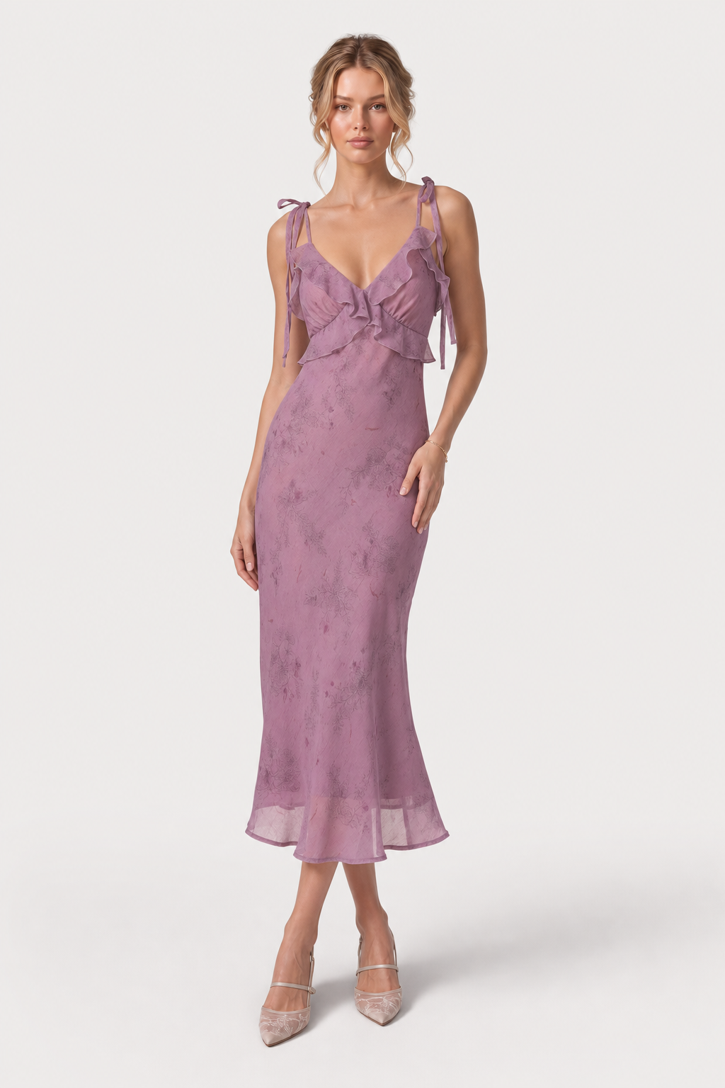 Purple Floral Tie-Strap Ruffle Midi Dress