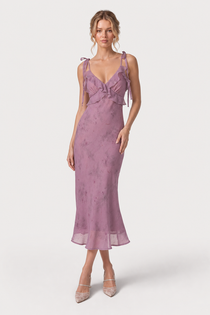 Purple Floral Tie-Strap Ruffle Midi Dress