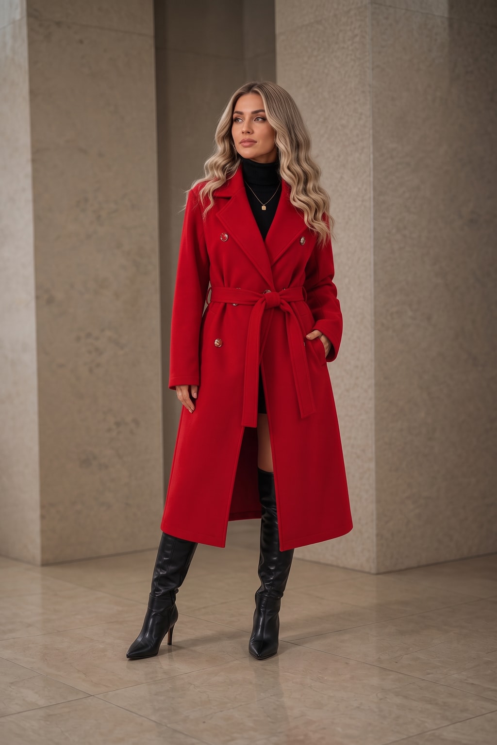 Wool-Look Belted Double-Breasted Long Coat - 7