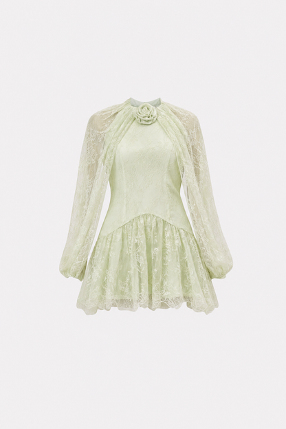 Light Green Lace Mini Dress with Cape Sleeves
