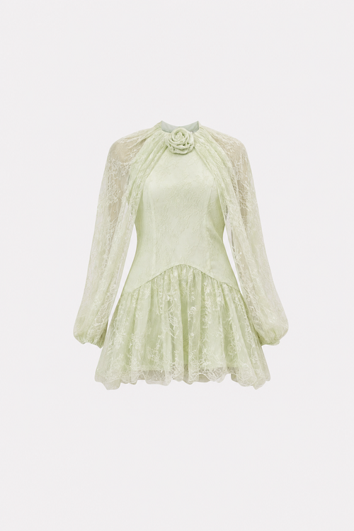 Light Green Lace Mini Dress with Cape Sleeves