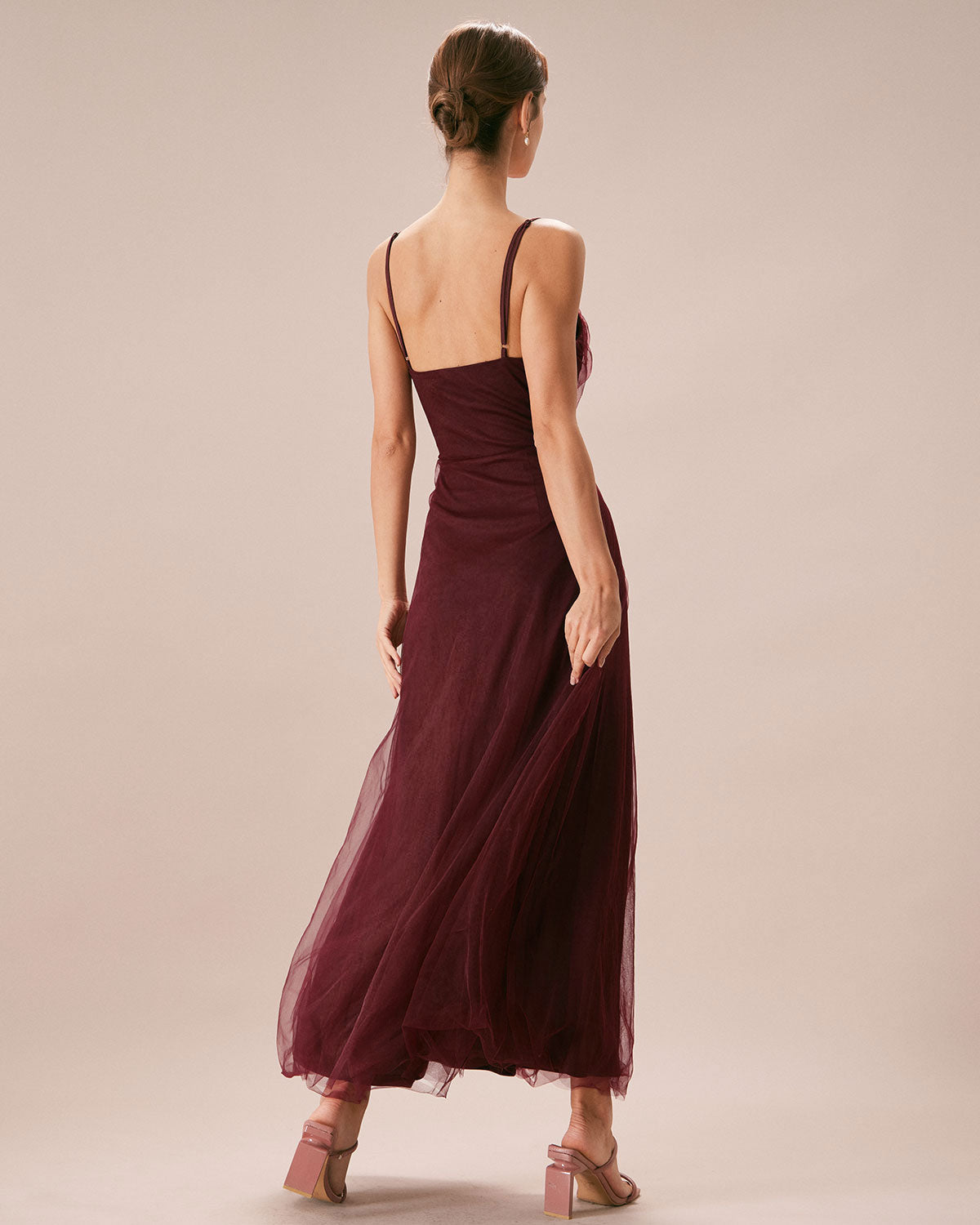 Wine red V-neck mesh maxi dress - view 4