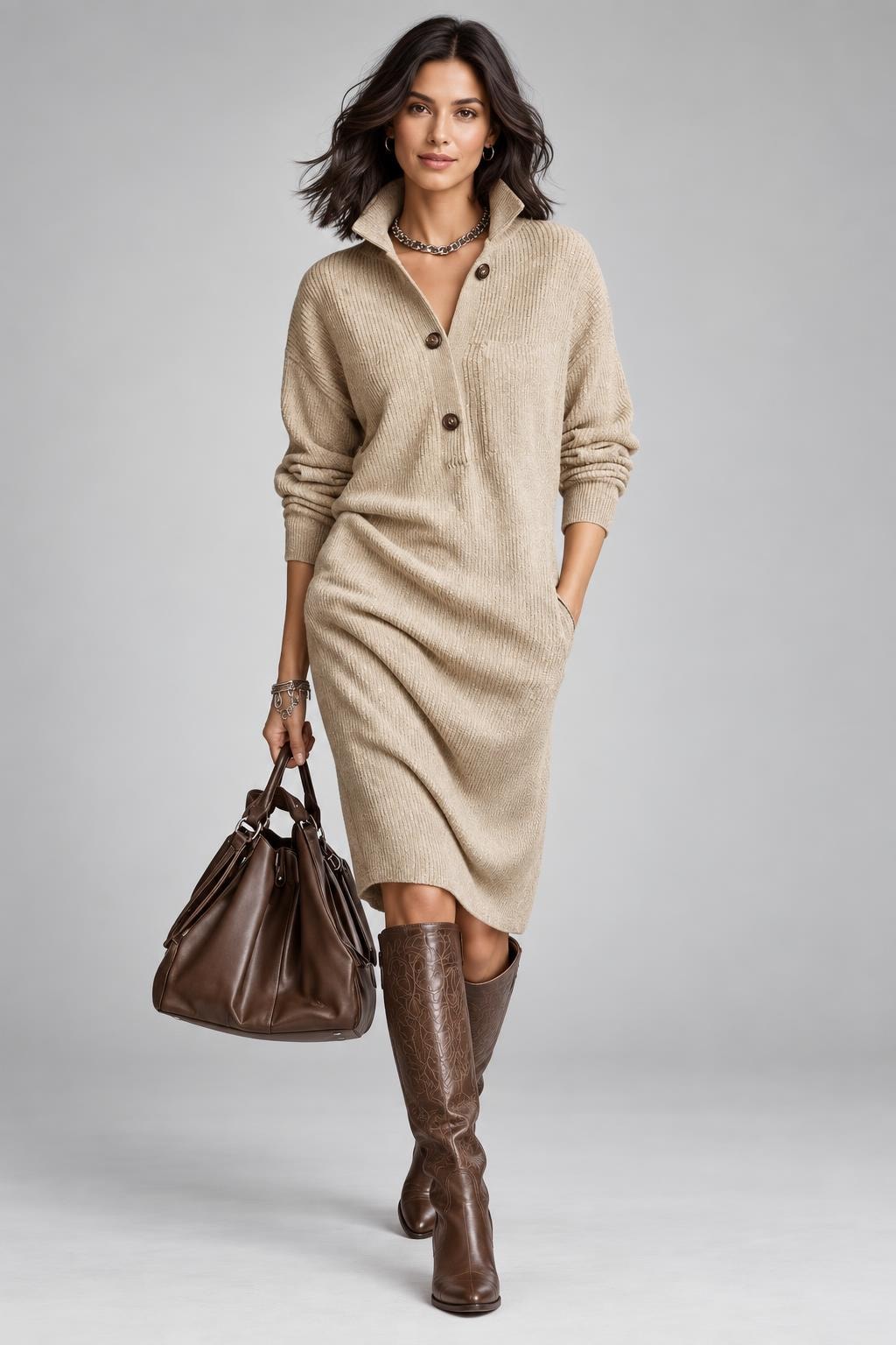 Midi Dress With Button-Collar Neckline - 5