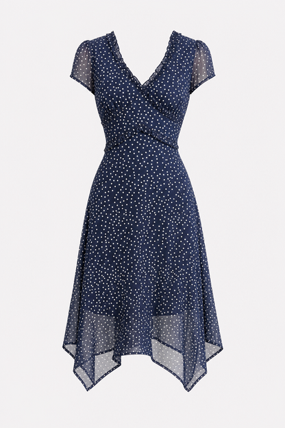 Navy Polka Dot Wrap Midi Dress