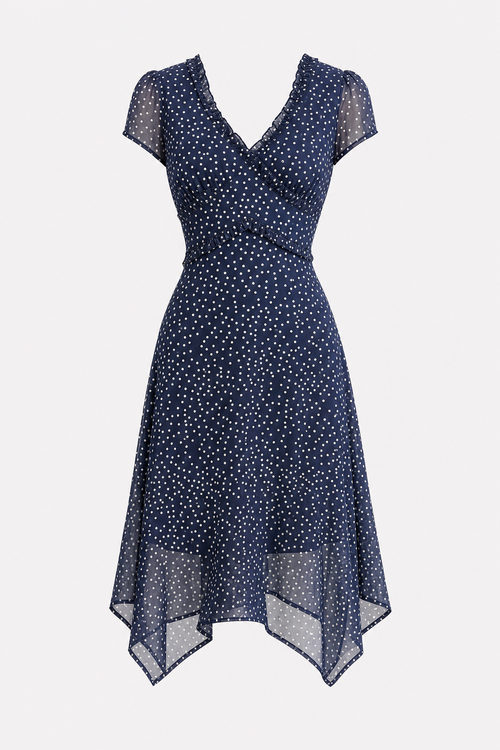 Navy Polka Dot Wrap Midi Dress
