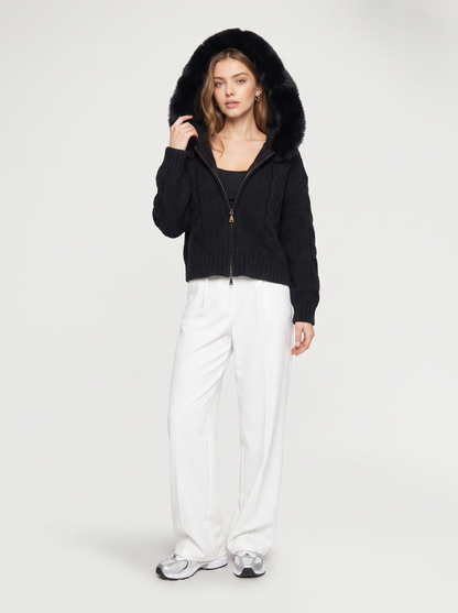 Wool jacket with faux fur-lined hood - view 4