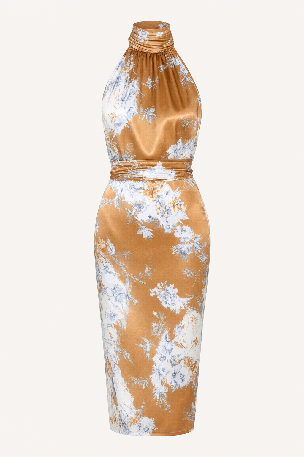 Satin floral ruched halter midi dress