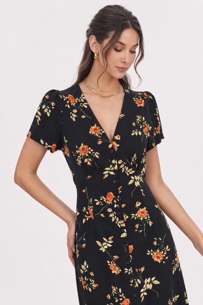 Black Retro Floral V-Neck Maxi Dress - view 3