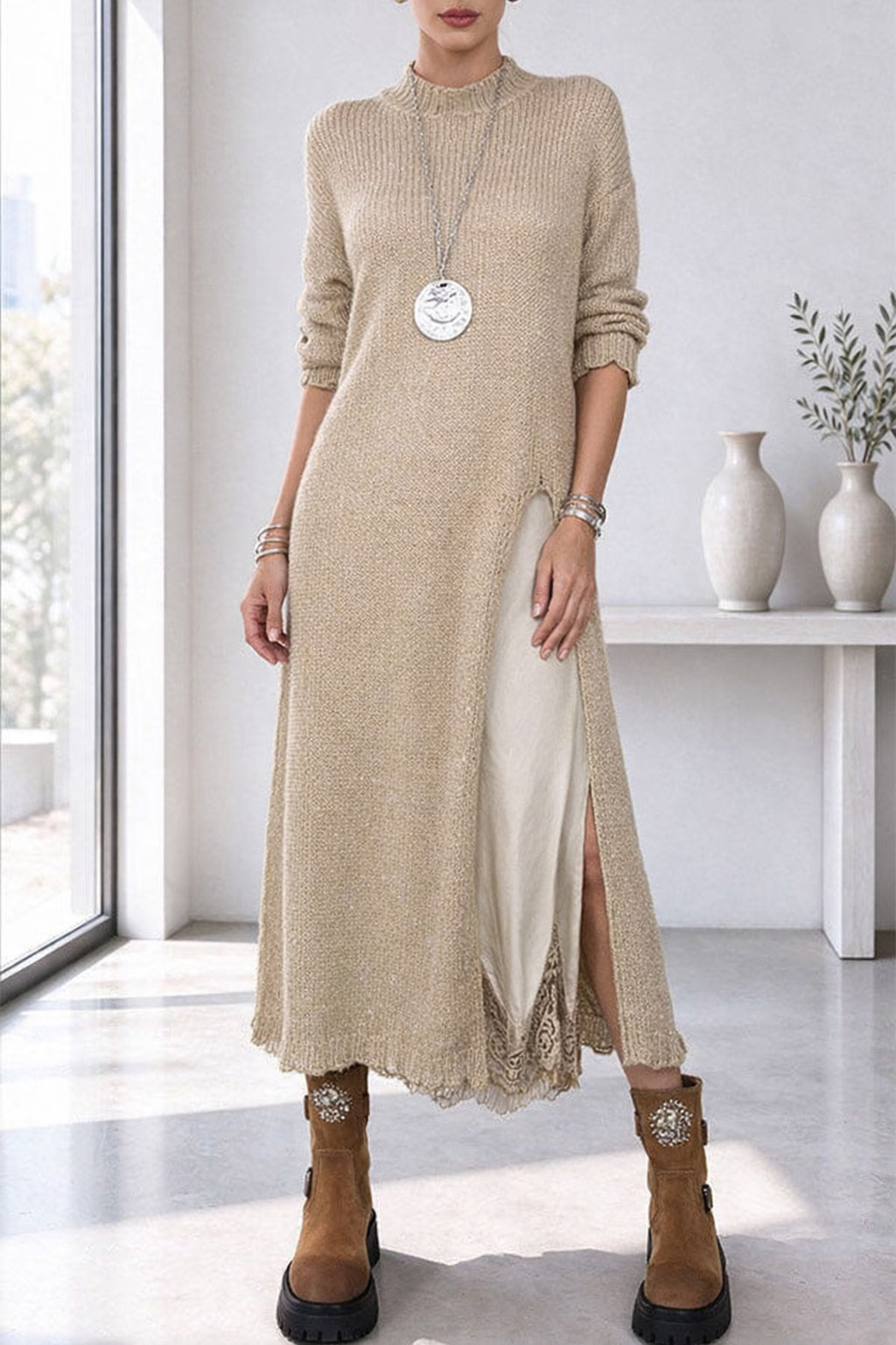 Polyester Casual Set With Split-Hem Detail - 2