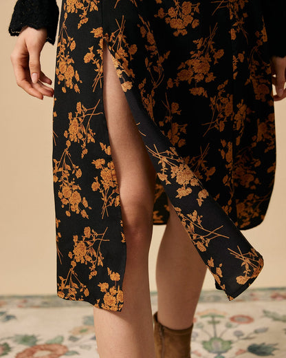 Black Floral High-Waist A-Line Midi Skirt - view 4
