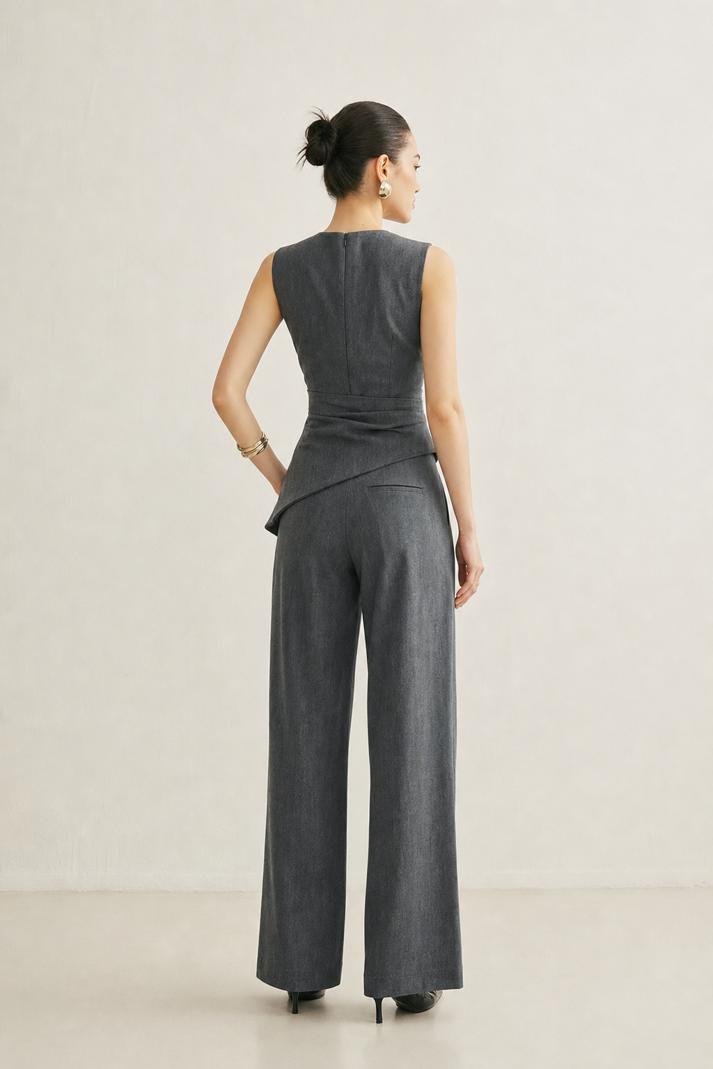 Woven asymmetric top and pleated pants set - view 4