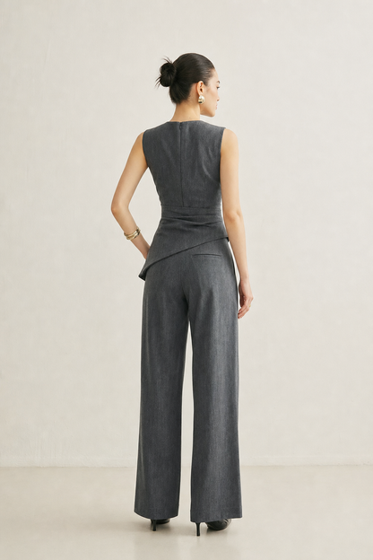 Woven asymmetric top and pleated pants set - view 4