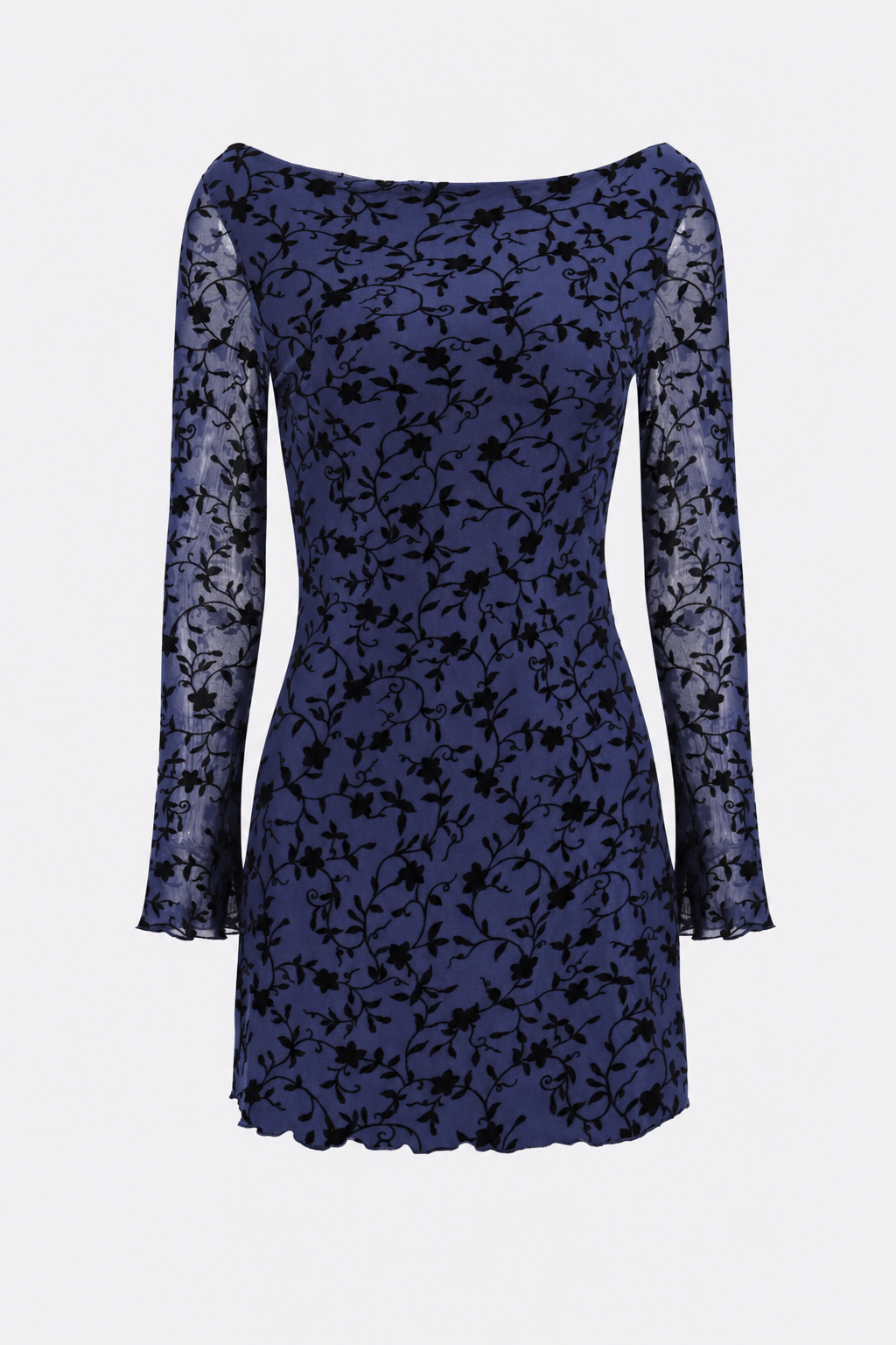 Blue Mesh Mini Dress with Long Bell Sleeves