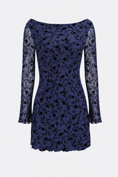 Blue Mesh Mini Dress with Long Bell Sleeves