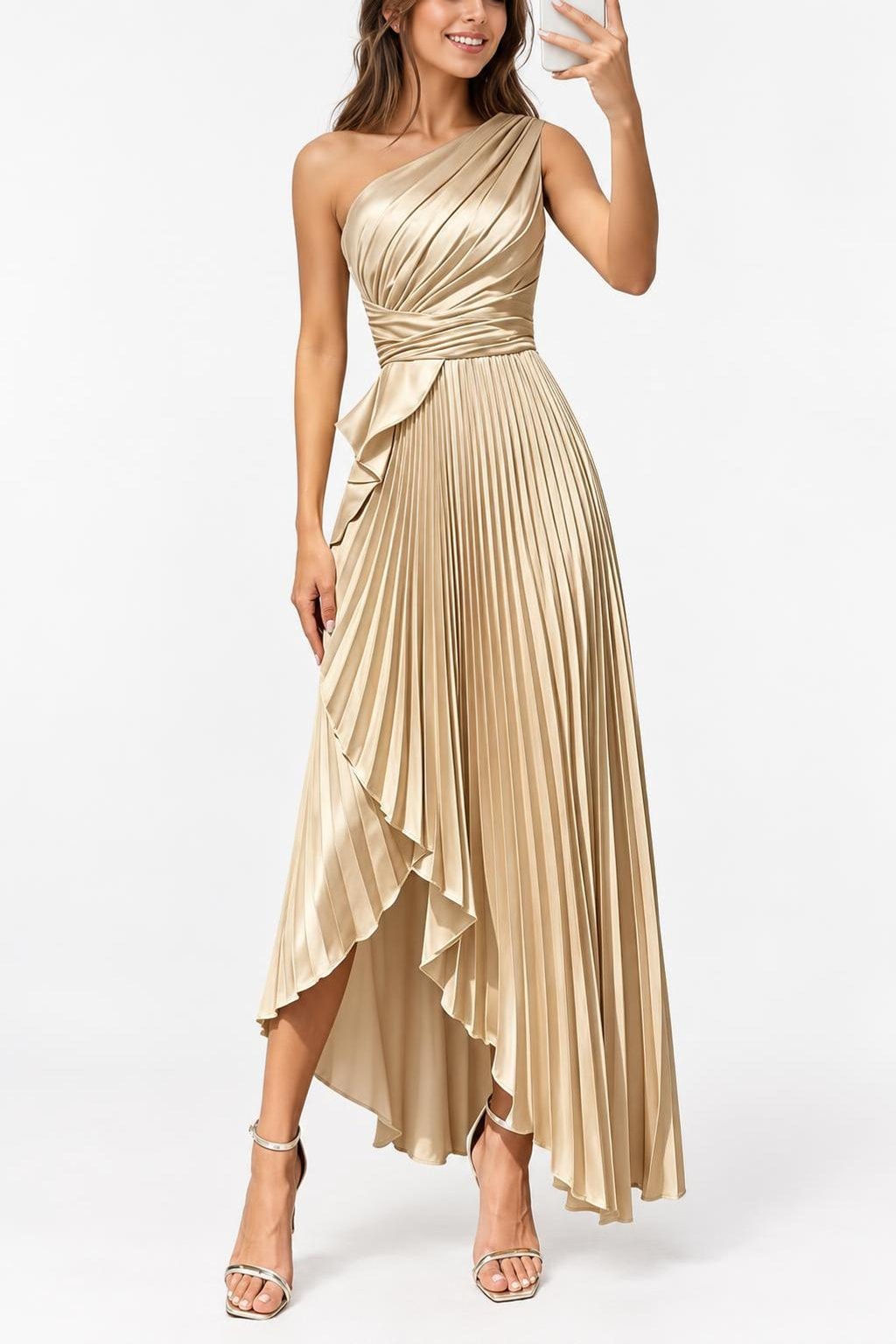 Satin Maxi Dress With One-Shoulder Neckline - 16