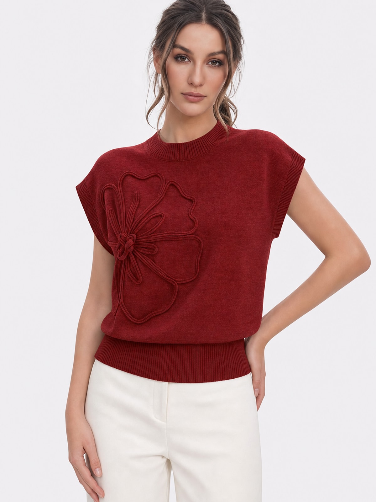 Knit Cap Sleeve Flower Applique Top - 5