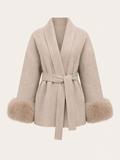 Faux Fur Collar Jacket with Cinched Waist