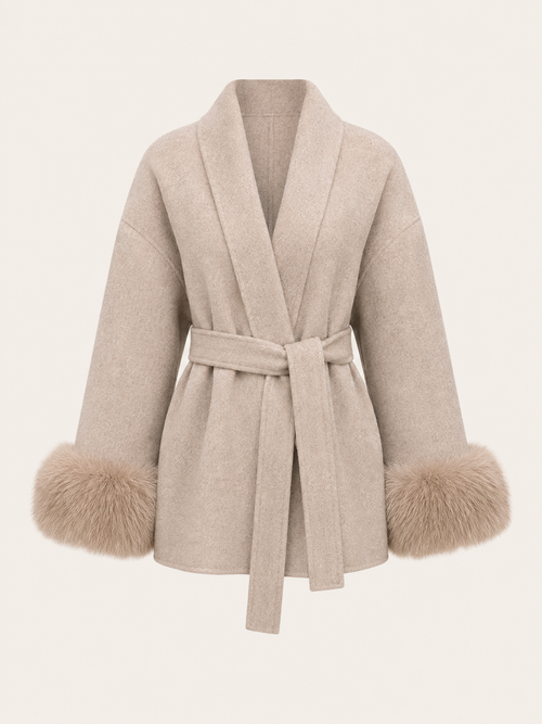 Faux Fur Collar Jacket with Cinched Waist